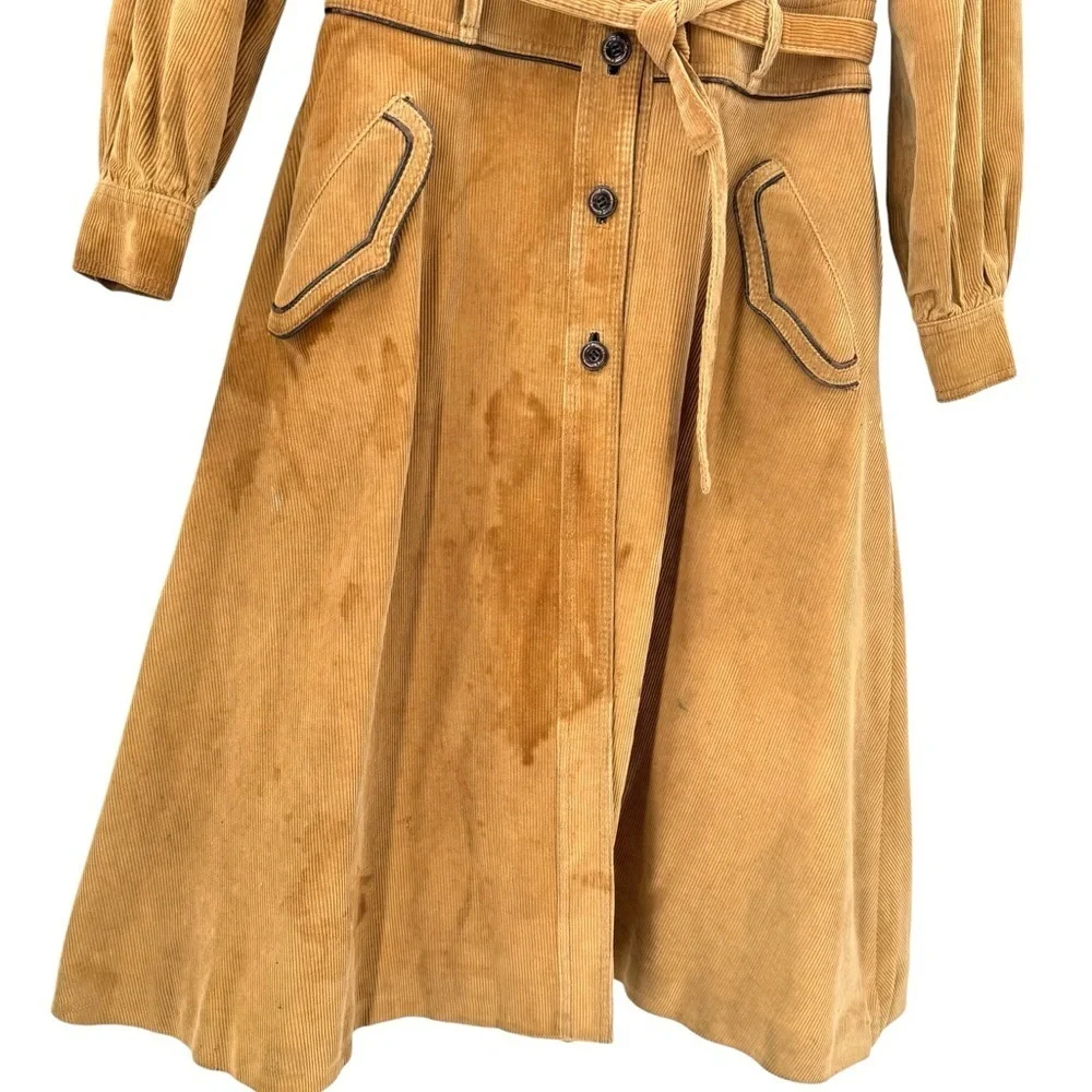 Vintage 70s Women's Trench Coat Corduroy Leather Trim Belted Brown Swing Skirt M - Picture 7 of 15